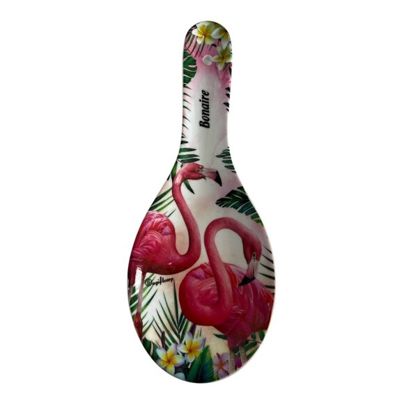 Bonaire Souvenir Ceramic Spoon Rest – Pink Flamingos Tropical Flowers – @giftcor - Picture 1 of 5